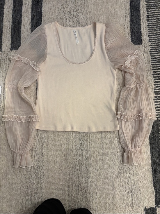 Anthropologie Tops - Anthropologie Cream Knit Crop Top with Sheer Ruffle Puff Sleeves NWOT